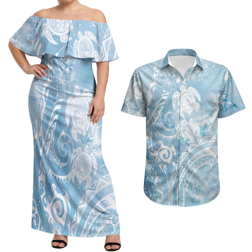 Aloha Hawaii Turtles Floral Couples Matching Off Shoulder Maxi Dress and Hawaiian Shirt Aqua Marbles Glaze LT7 Aqua - Polynesian Pride