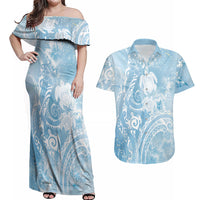 Aloha Hawaii Turtles Floral Couples Matching Off Shoulder Maxi Dress and Hawaiian Shirt Aqua Marbles Glaze LT7 Aqua - Polynesian Pride