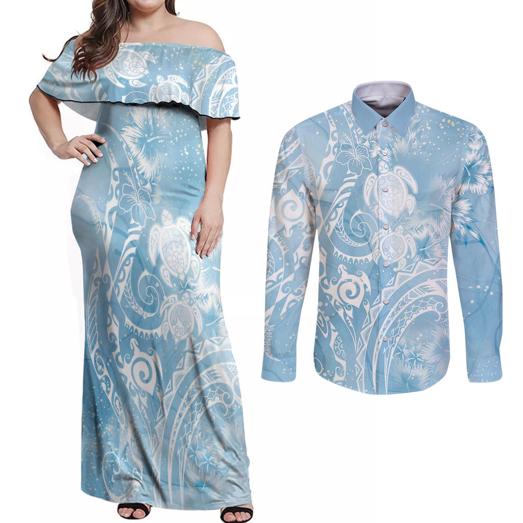 Aloha Hawaii Turtles Floral Couples Matching Off Shoulder Maxi Dress and Long Sleeve Button Shirt Aqua Marbles Glaze LT7 Aqua - Polynesian Pride