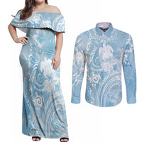 Aloha Hawaii Turtles Floral Couples Matching Off Shoulder Maxi Dress and Long Sleeve Button Shirt Aqua Marbles Glaze LT7 Aqua - Polynesian Pride