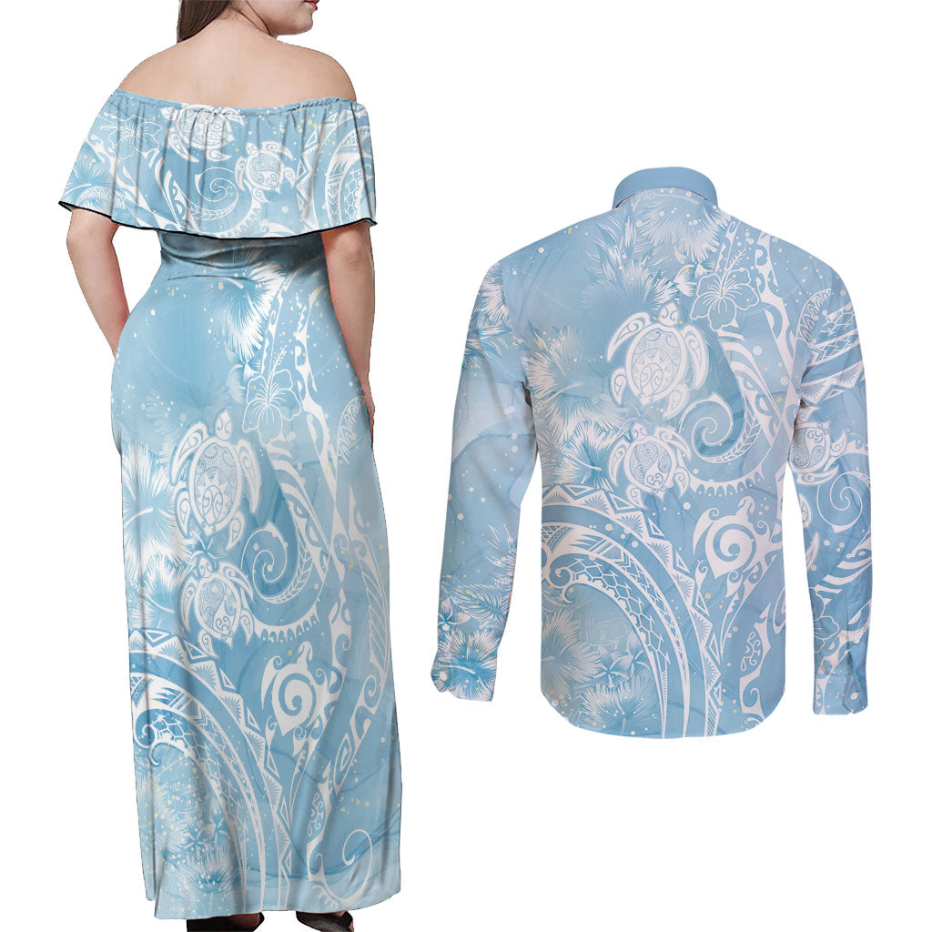 Aloha Hawaii Turtles Floral Couples Matching Off Shoulder Maxi Dress and Long Sleeve Button Shirt Aqua Marbles Glaze LT7 - Polynesian Pride