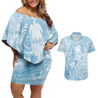 Aloha Hawaii Turtles Floral Couples Matching Off Shoulder Short Dress and Hawaiian Shirt Aqua Marbles Glaze LT7 Aqua - Polynesian Pride