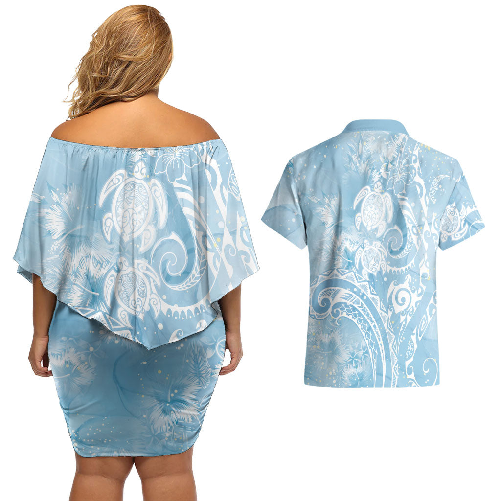 Aloha Hawaii Turtles Floral Couples Matching Off Shoulder Short Dress and Hawaiian Shirt Aqua Marbles Glaze LT7 - Polynesian Pride