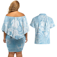 Aloha Hawaii Turtles Floral Couples Matching Off Shoulder Short Dress and Hawaiian Shirt Aqua Marbles Glaze LT7 - Polynesian Pride