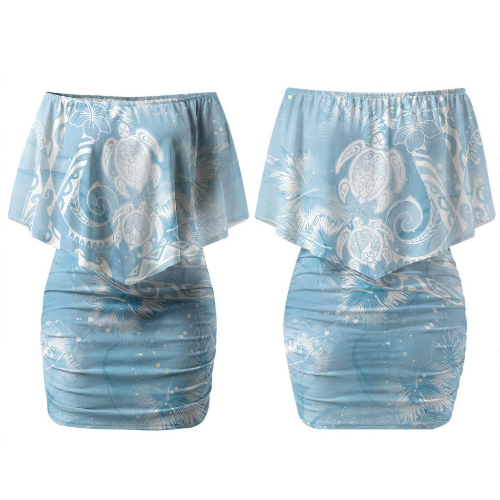 Aloha Hawaii Turtles Floral Couples Matching Off Shoulder Short Dress and Long Sleeve Button Shirt Aqua Marbles Glaze LT7 - Polynesian Pride