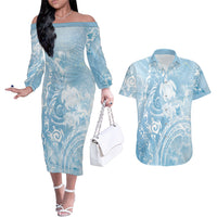 Aloha Hawaii Turtles Floral Couples Matching Off The Shoulder Long Sleeve Dress and Hawaiian Shirt Aqua Marbles Glaze LT7 Aqua - Polynesian Pride