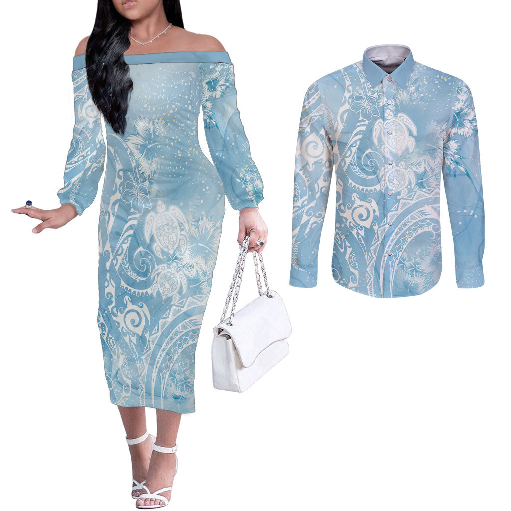 Aloha Hawaii Turtles Floral Couples Matching Off The Shoulder Long Sleeve Dress and Long Sleeve Button Shirt Aqua Marbles Glaze LT7 Aqua - Polynesian Pride