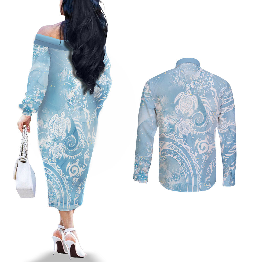 Aloha Hawaii Turtles Floral Couples Matching Off The Shoulder Long Sleeve Dress and Long Sleeve Button Shirt Aqua Marbles Glaze LT7 - Polynesian Pride