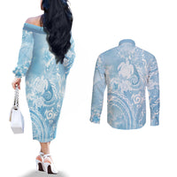Aloha Hawaii Turtles Floral Couples Matching Off The Shoulder Long Sleeve Dress and Long Sleeve Button Shirt Aqua Marbles Glaze LT7 - Polynesian Pride