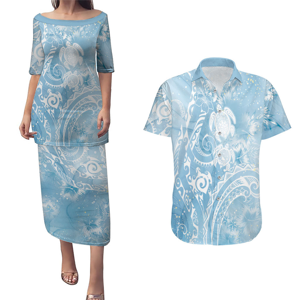 Aloha Hawaii Turtles Floral Couples Matching Puletasi and Hawaiian Shirt Aqua Marbles Glaze LT7 Aqua - Polynesian Pride