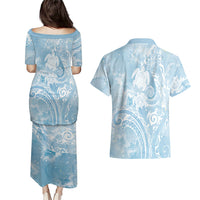 Aloha Hawaii Turtles Floral Couples Matching Puletasi and Hawaiian Shirt Aqua Marbles Glaze LT7 - Polynesian Pride