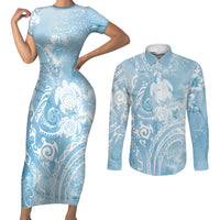 Aloha Hawaii Turtles Floral Couples Matching Short Sleeve Bodycon Dress and Long Sleeve Button Shirt Aqua Marbles Glaze LT7 Aqua - Polynesian Pride