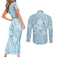 Aloha Hawaii Turtles Floral Couples Matching Short Sleeve Bodycon Dress and Long Sleeve Button Shirt Aqua Marbles Glaze LT7 - Polynesian Pride