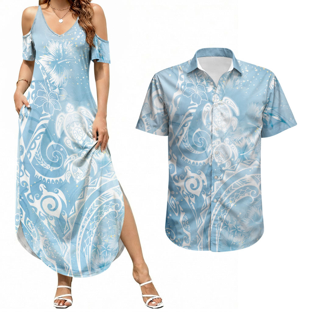 Aloha Hawaii Turtles Floral Couples Matching Summer Maxi Dress and Hawaiian Shirt Aqua Marbles Glaze LT7 Aqua - Polynesian Pride