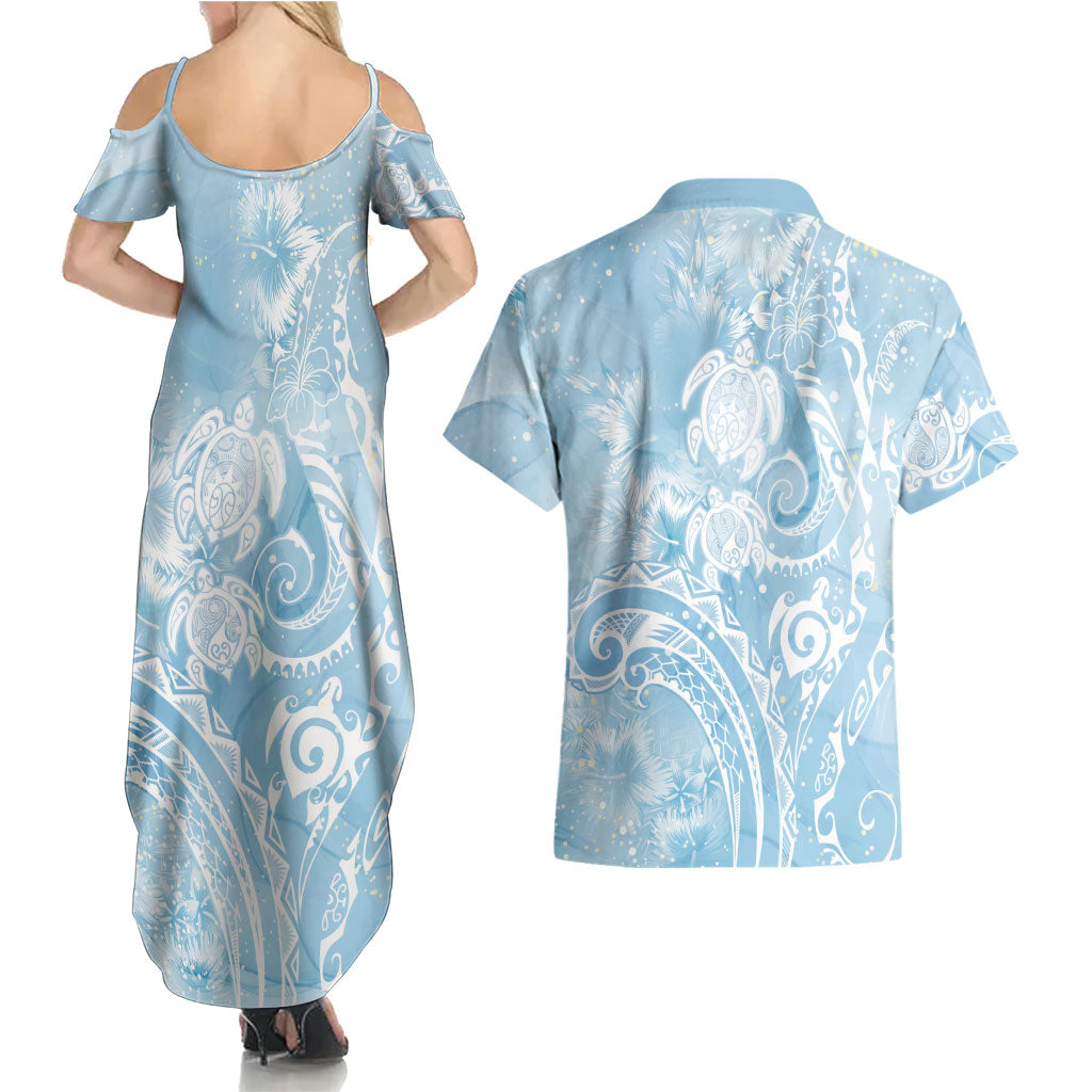 Aloha Hawaii Turtles Floral Couples Matching Summer Maxi Dress and Hawaiian Shirt Aqua Marbles Glaze LT7 - Polynesian Pride
