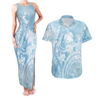 Aloha Hawaii Turtles Floral Couples Matching Tank Maxi Dress and Hawaiian Shirt Aqua Marbles Glaze LT7 Aqua - Polynesian Pride