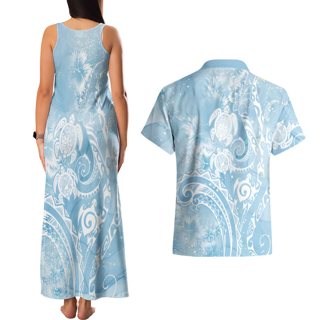 Aloha Hawaii Turtles Floral Couples Matching Tank Maxi Dress and Hawaiian Shirt Aqua Marbles Glaze LT7 - Polynesian Pride