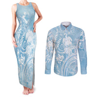 Aloha Hawaii Turtles Floral Couples Matching Tank Maxi Dress and Long Sleeve Button Shirt Aqua Marbles Glaze LT7 Aqua - Polynesian Pride