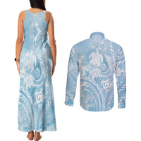 Aloha Hawaii Turtles Floral Couples Matching Tank Maxi Dress and Long Sleeve Button Shirt Aqua Marbles Glaze LT7 - Polynesian Pride