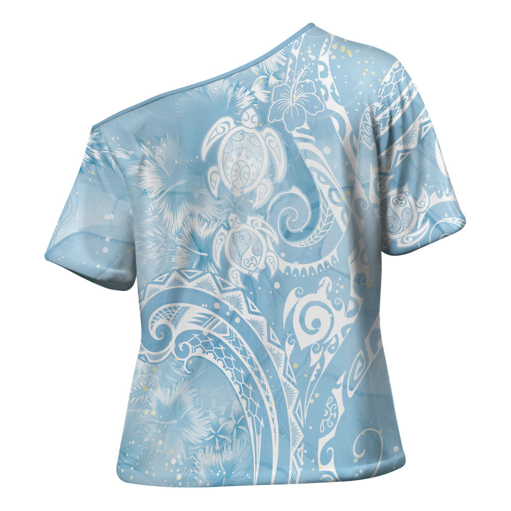 Aloha Hawaii Turtles Floral Cross Shoulder Shirt Aqua Marbles Glaze LT7 - Polynesian Pride