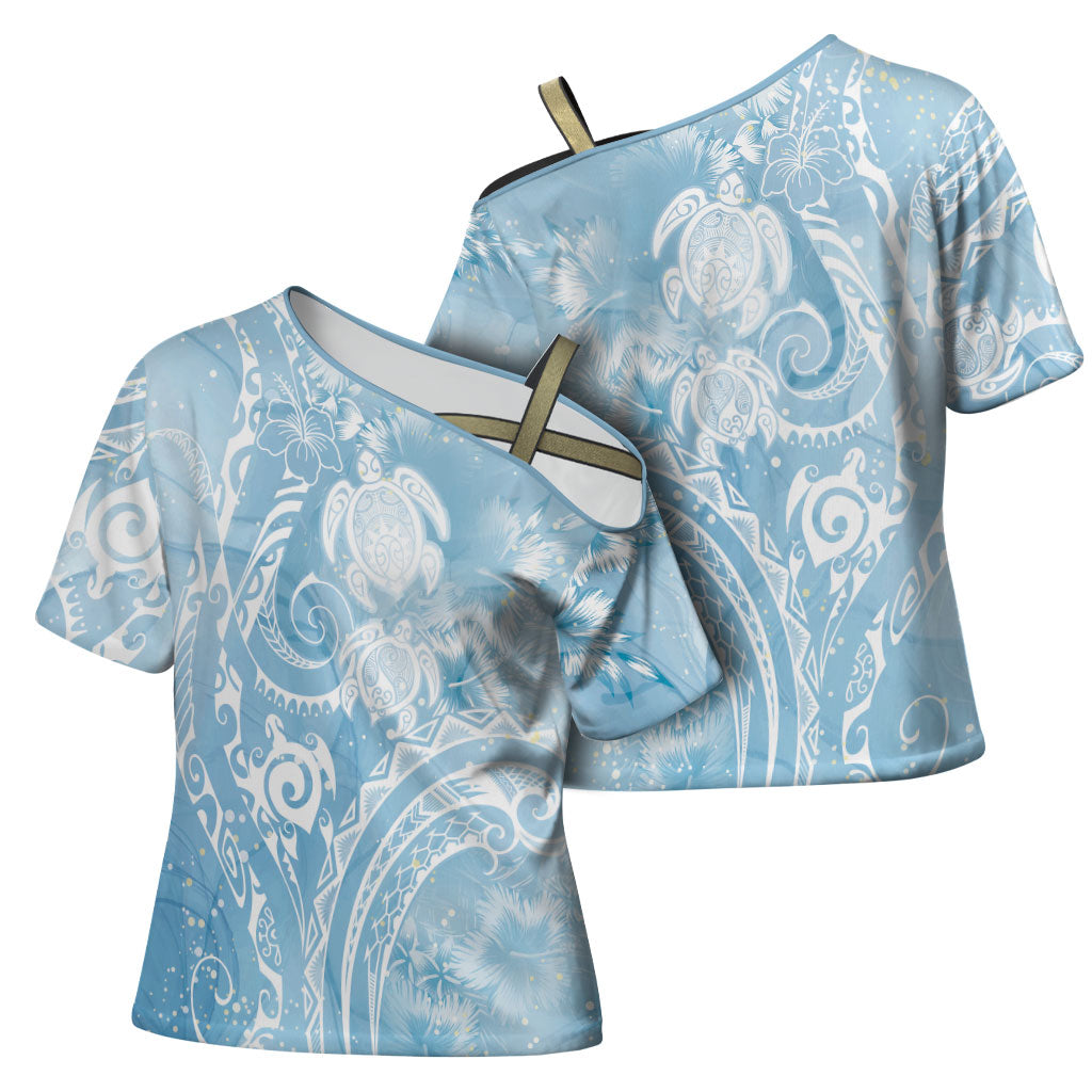 Aloha Hawaii Turtles Floral Cross Shoulder Shirt Aqua Marbles Glaze LT7 - Polynesian Pride
