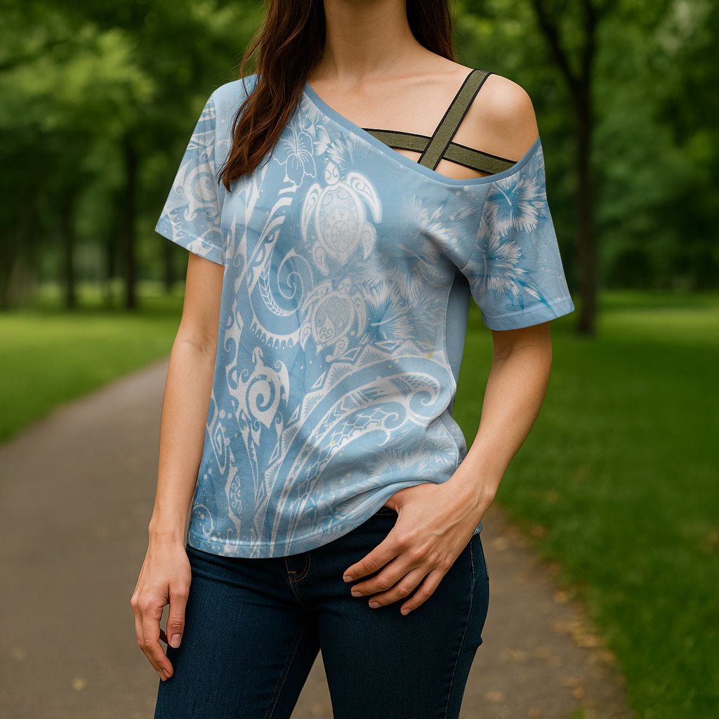 Aloha Hawaii Turtles Floral Cross Shoulder Shirt Aqua Marbles Glaze LT7 - Polynesian Pride