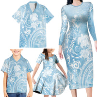 Aloha Hawaii Turtles Floral Family Matching Long Sleeve Bodycon Dress and Hawaiian Shirt Aqua Marbles Glaze LT7 - Polynesian Pride
