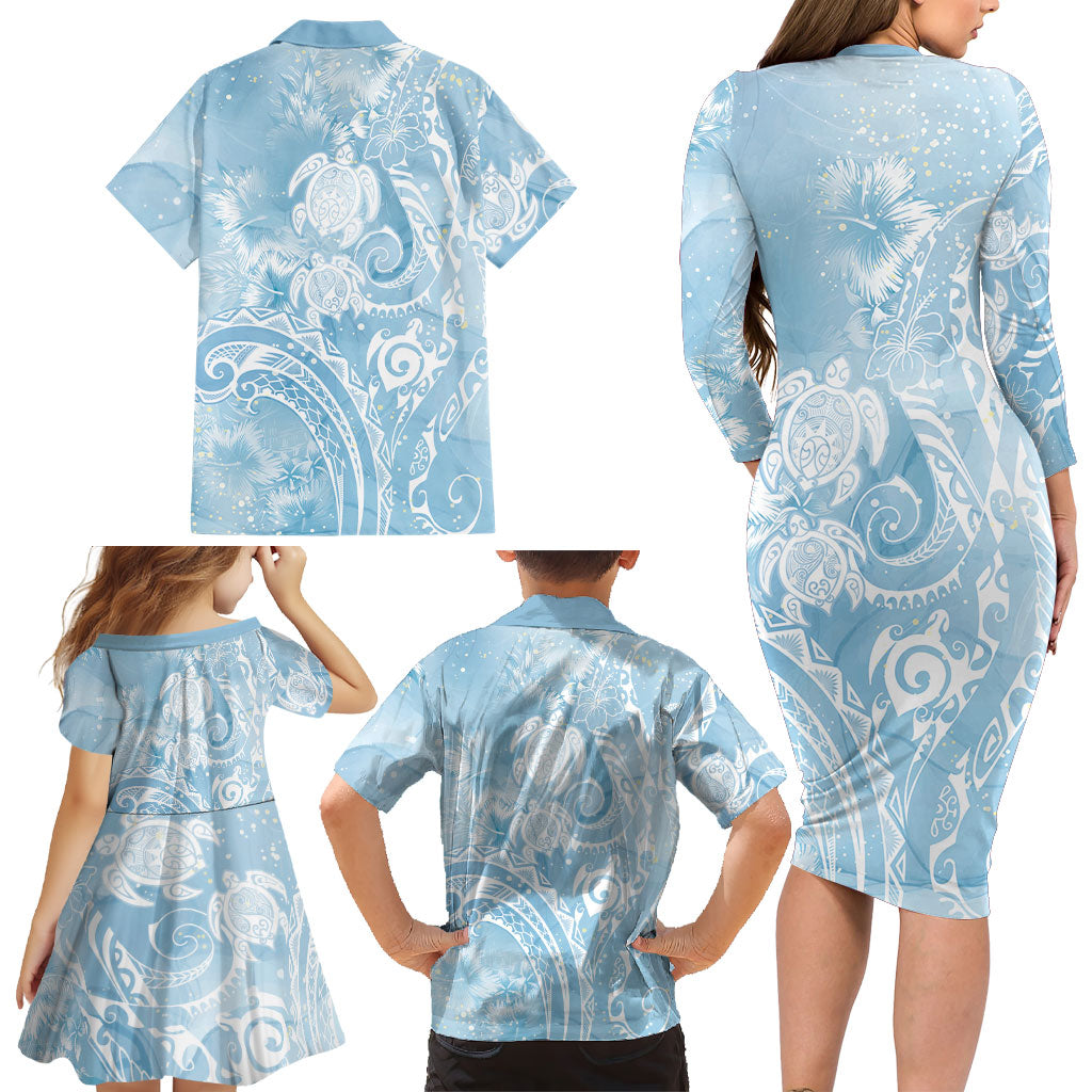 Aloha Hawaii Turtles Floral Family Matching Long Sleeve Bodycon Dress and Hawaiian Shirt Aqua Marbles Glaze LT7 - Polynesian Pride