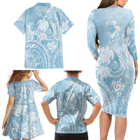 Aloha Hawaii Turtles Floral Family Matching Long Sleeve Bodycon Dress and Hawaiian Shirt Aqua Marbles Glaze LT7 - Polynesian Pride