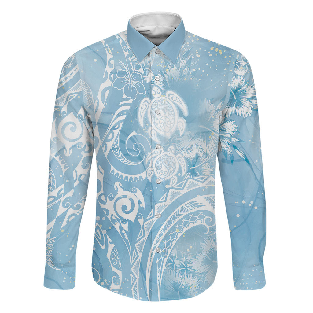 Aloha Hawaii Turtles Floral Family Matching Long Sleeve Bodycon Dress and Hawaiian Shirt Aqua Marbles Glaze LT7 Dad's Shirt - Long Sleeve Aqua - Polynesian Pride