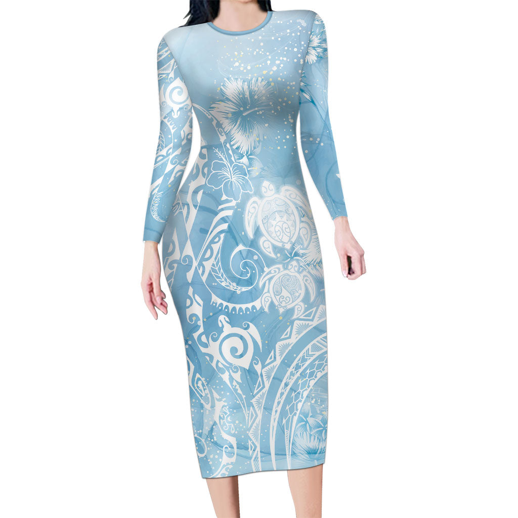 Aloha Hawaii Turtles Floral Family Matching Long Sleeve Bodycon Dress and Hawaiian Shirt Aqua Marbles Glaze LT7 Mom's Dress Aqua - Polynesian Pride