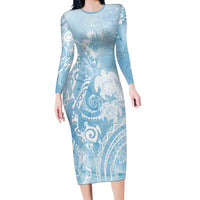 Aloha Hawaii Turtles Floral Family Matching Long Sleeve Bodycon Dress and Hawaiian Shirt Aqua Marbles Glaze LT7 Mom's Dress Aqua - Polynesian Pride