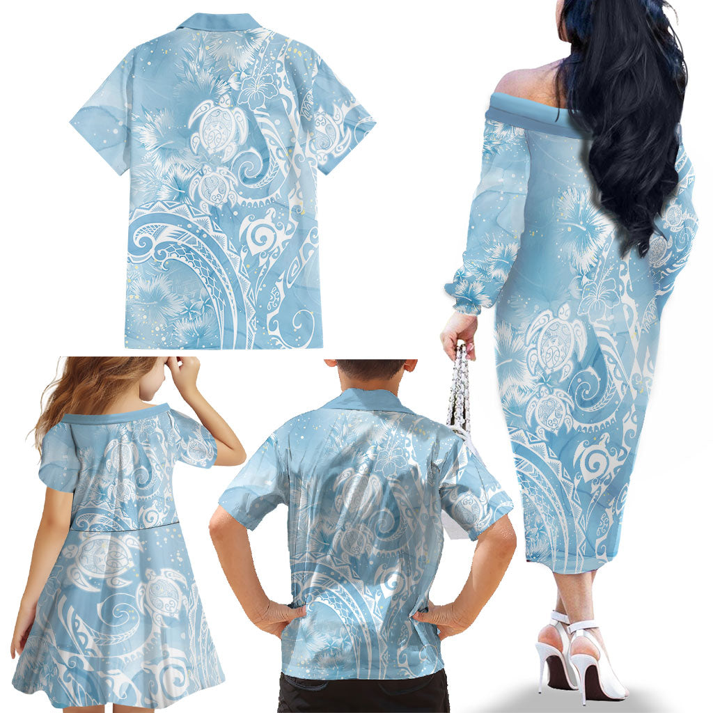 Aloha Hawaii Turtles Floral Family Matching Off The Shoulder Long Sleeve Dress and Hawaiian Shirt Aqua Marbles Glaze LT7 - Polynesian Pride