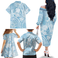 Aloha Hawaii Turtles Floral Family Matching Off The Shoulder Long Sleeve Dress and Hawaiian Shirt Aqua Marbles Glaze LT7 - Polynesian Pride