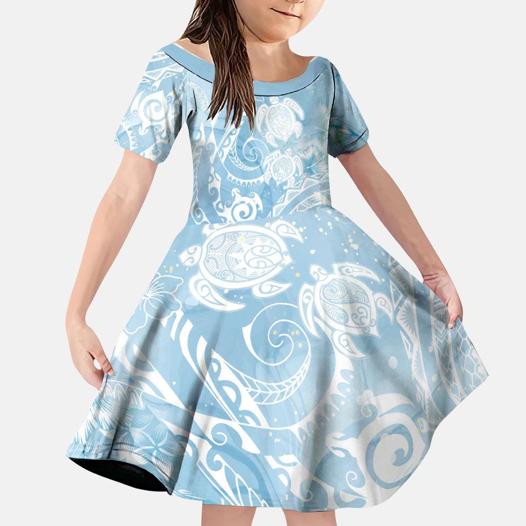 Aloha Hawaii Turtles Floral Family Matching Off Shoulder Maxi Dress and Hawaiian Shirt Aqua Marbles Glaze LT7 Daughter's Dress Aqua - Polynesian Pride