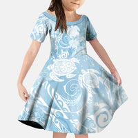 Aloha Hawaii Turtles Floral Family Matching Off Shoulder Maxi Dress and Hawaiian Shirt Aqua Marbles Glaze LT7 Daughter's Dress Aqua - Polynesian Pride