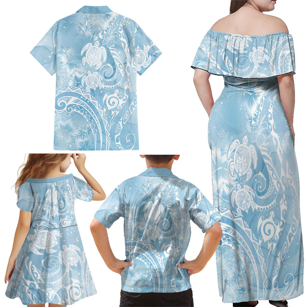 Aloha Hawaii Turtles Floral Family Matching Off Shoulder Maxi Dress and Hawaiian Shirt Aqua Marbles Glaze LT7 - Polynesian Pride