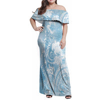 Aloha Hawaii Turtles Floral Family Matching Off Shoulder Maxi Dress and Hawaiian Shirt Aqua Marbles Glaze LT7 Mom's Dress Aqua - Polynesian Pride