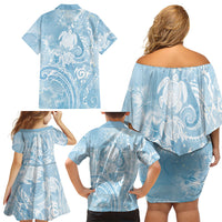 Aloha Hawaii Turtles Floral Family Matching Off Shoulder Short Dress and Hawaiian Shirt Aqua Marbles Glaze LT7 - Polynesian Pride