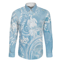 Aloha Hawaii Turtles Floral Family Matching Off Shoulder Short Dress and Hawaiian Shirt Aqua Marbles Glaze LT7 Dad's Shirt - Long Sleeve Aqua - Polynesian Pride