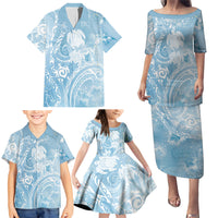 Aloha Hawaii Turtles Floral Family Matching Puletasi and Hawaiian Shirt Aqua Marbles Glaze LT7 - Polynesian Pride