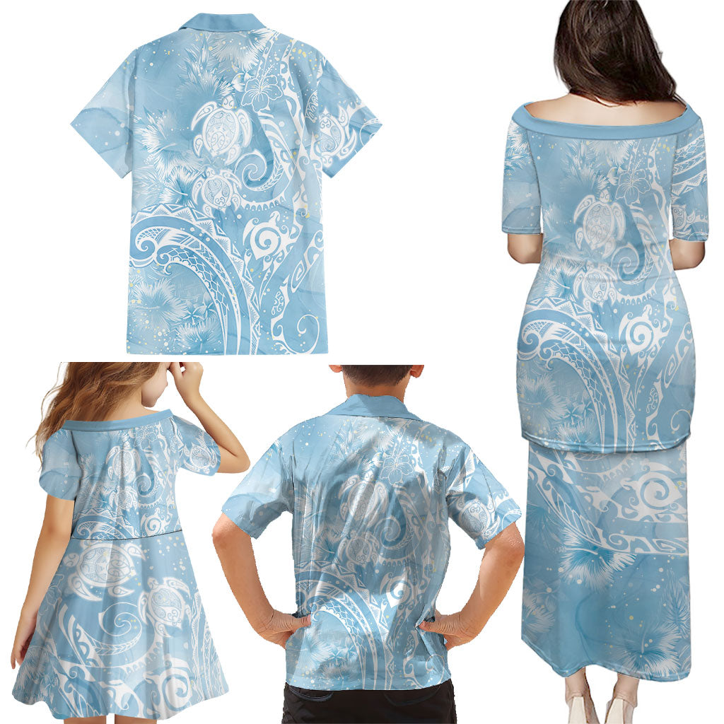 Aloha Hawaii Turtles Floral Family Matching Puletasi and Hawaiian Shirt Aqua Marbles Glaze LT7 - Polynesian Pride