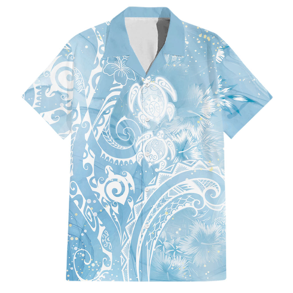 Aloha Hawaii Turtles Floral Family Matching Puletasi and Hawaiian Shirt Aqua Marbles Glaze LT7 Dad's Shirt - Short Sleeve Aqua - Polynesian Pride