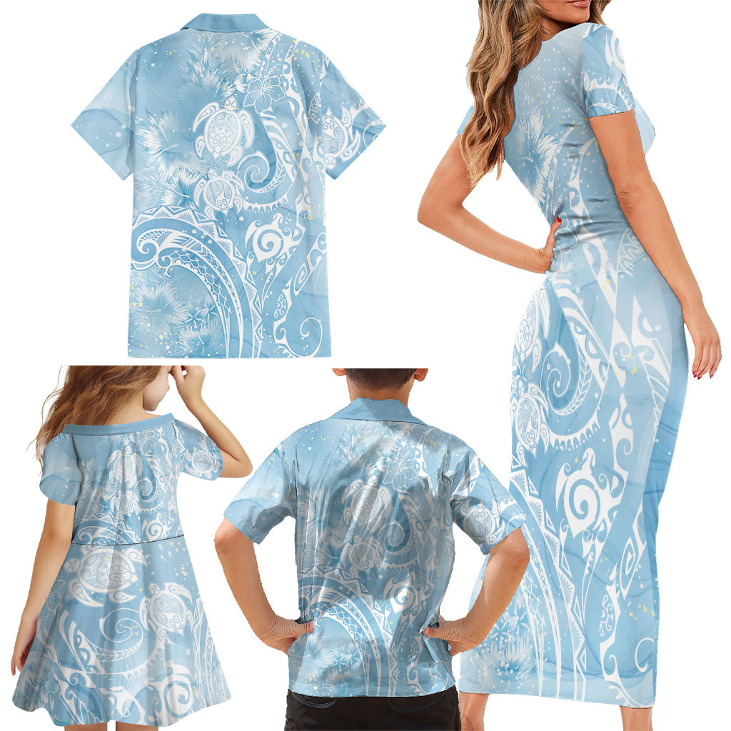 Aloha Hawaii Turtles Floral Family Matching Short Sleeve Bodycon Dress and Hawaiian Shirt Aqua Marbles Glaze LT7 - Polynesian Pride