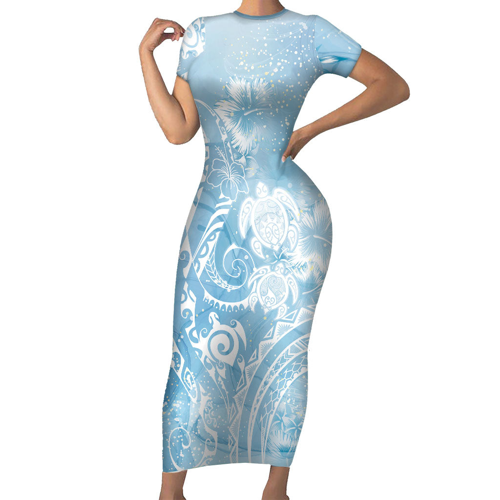 Aloha Hawaii Turtles Floral Family Matching Short Sleeve Bodycon Dress and Hawaiian Shirt Aqua Marbles Glaze LT7 Mom's Dress Aqua - Polynesian Pride