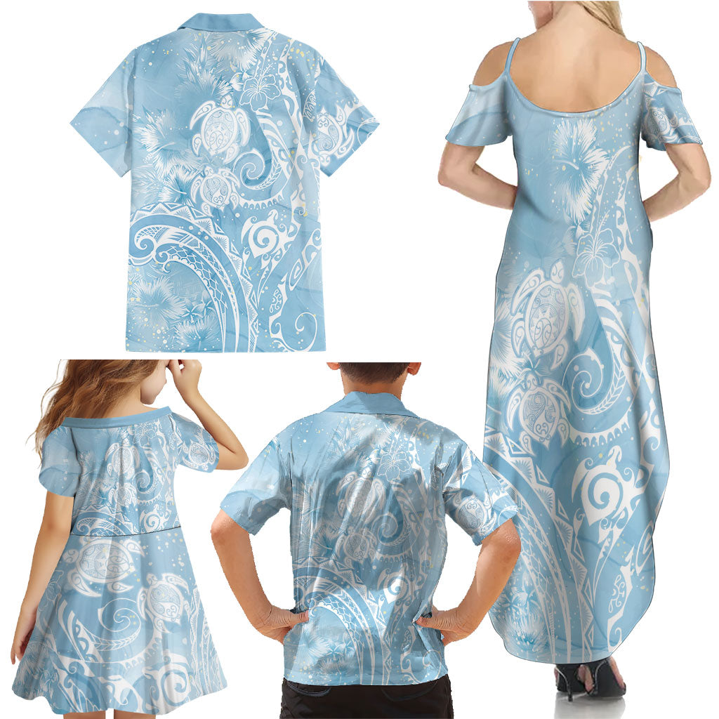 Aloha Hawaii Turtles Floral Family Matching Summer Maxi Dress and Hawaiian Shirt Aqua Marbles Glaze LT7 - Polynesian Pride