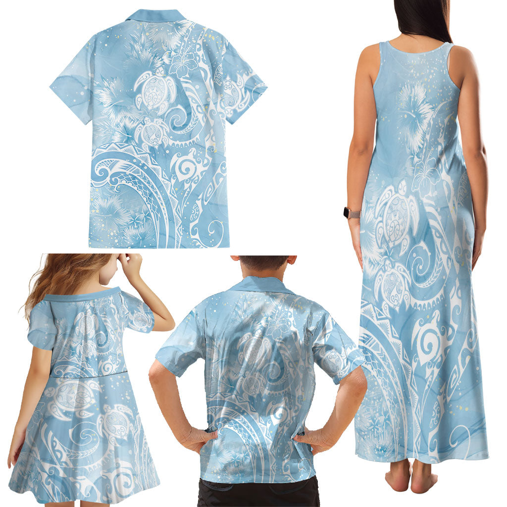 Aloha Hawaii Turtles Floral Family Matching Tank Maxi Dress and Hawaiian Shirt Aqua Marbles Glaze LT7 - Polynesian Pride