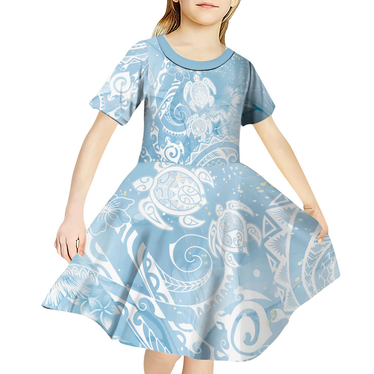 Aloha Hawaii Turtles Floral Kid Short Sleeve Dress Aqua Marbles Glaze LT7 - Polynesian Pride