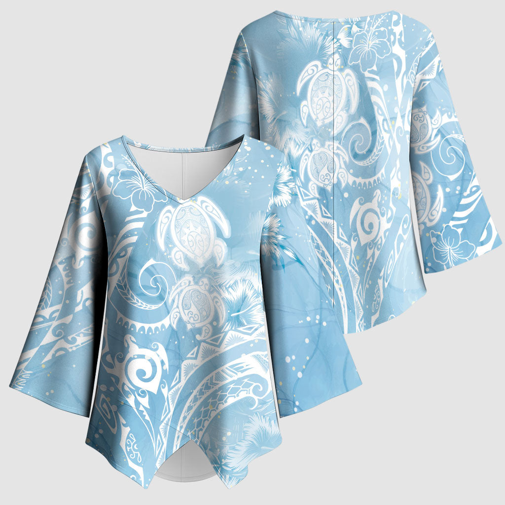 Aloha Hawaii Turtles Floral Kimono Sleeve Blouse Aqua Marbles Glaze LT7 - Polynesian Pride