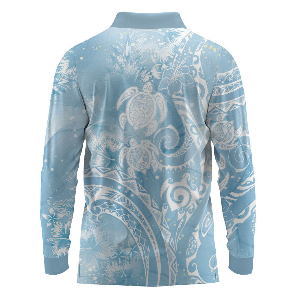 Aloha Hawaii Turtles Floral Long Sleeve Polo Shirt Aqua Marbles Glaze LT7 - Polynesian Pride